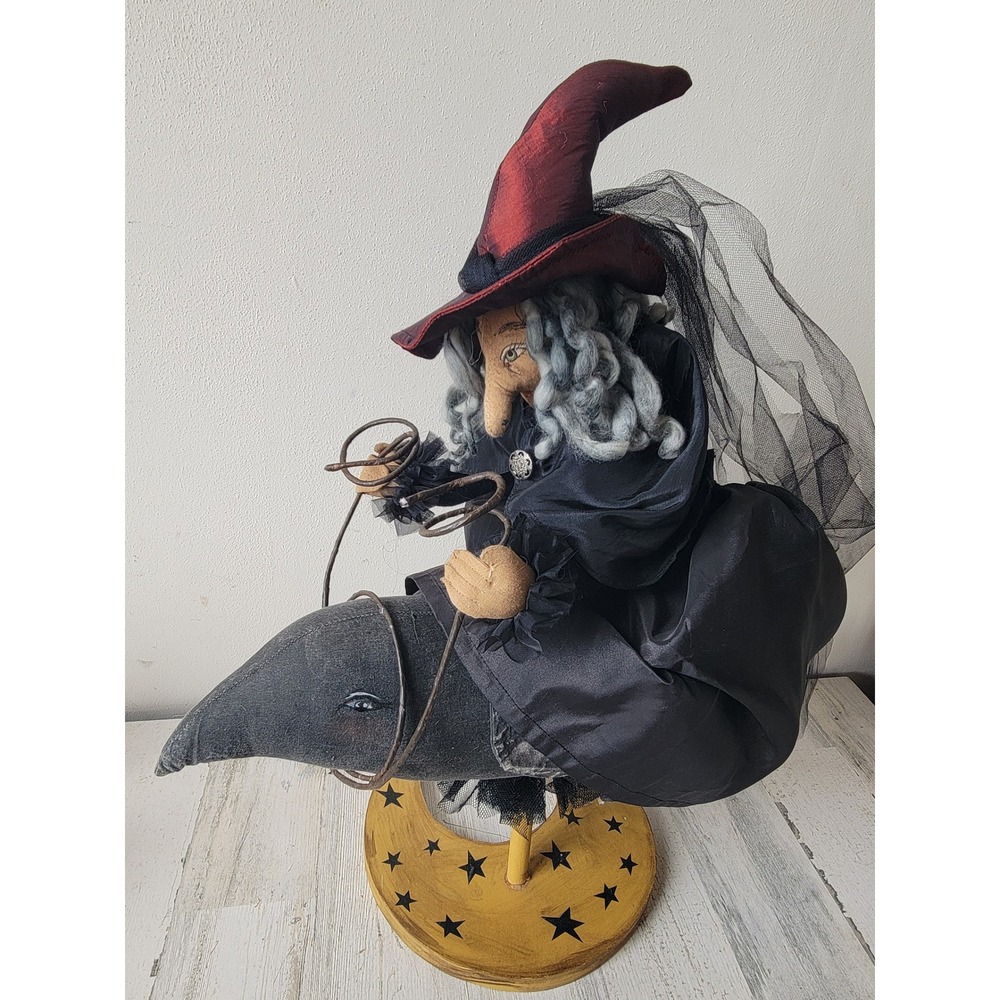 Witch large folk art Halloween crow riding moon stars vintage unique home decor